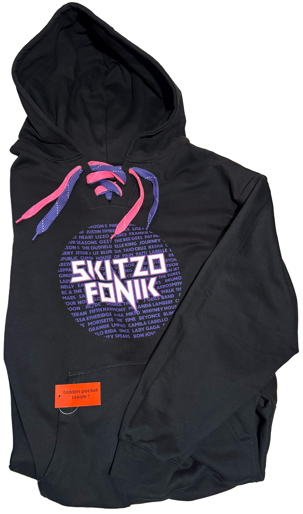 EXCLUSIVE PREMIUM LACE-UP BLACK HOODIE w/ PURPLE & PINK LOGO AND LACES
